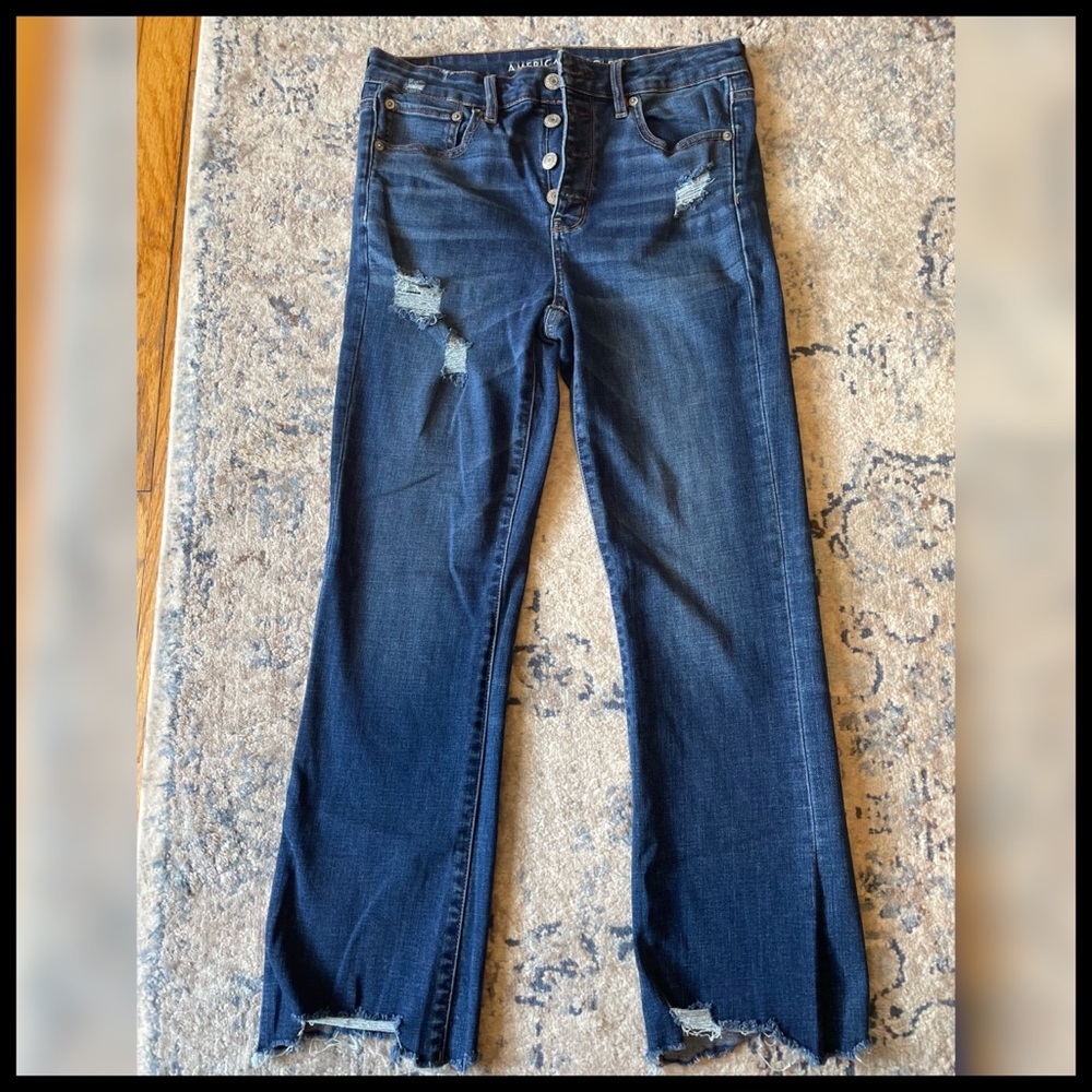 American Eagle Hi-Rise Crop Flare denim with button closure size 8